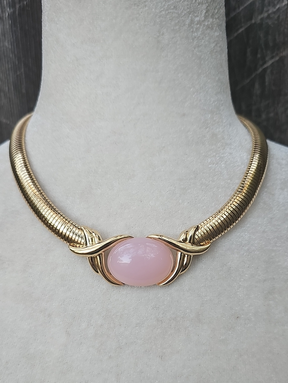 Trifari Gold-Tone Collar Snake Necklace with Pink Cabochon Stone Vintage